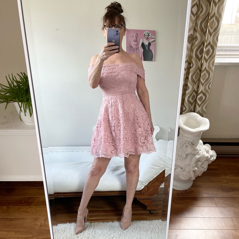 NWT FRANCESCAS PINK LACE FIT FLARE OFF THE SHOULDER DRESS ZIPPER LINED